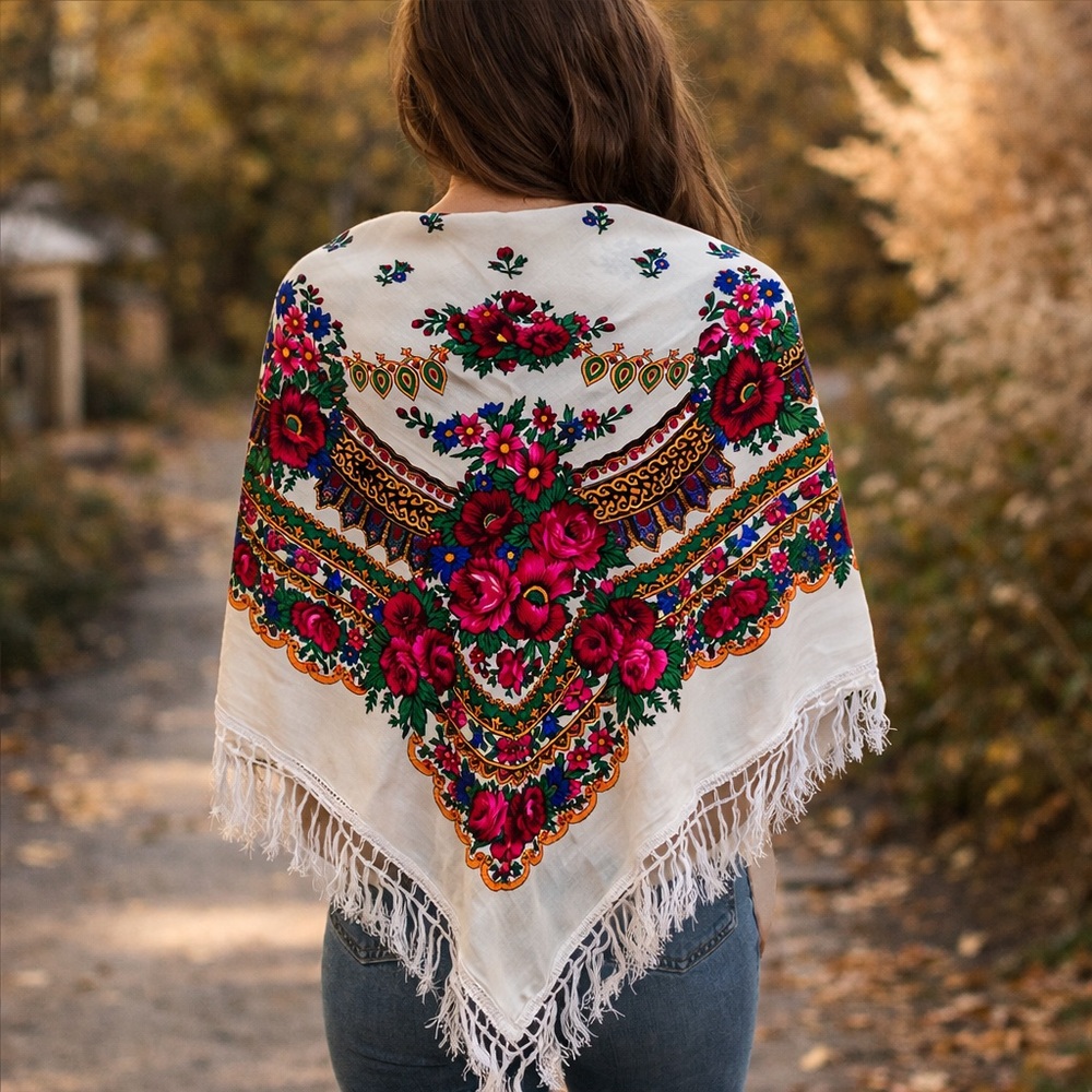 Vintage Eastern European Floral Folk Shawl Scarf 49” White Fringe Wrap